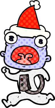 Bir insan tarafından çizilmiş Noel Baba şapkasıyla kaçan garip bir uzaylının el çizimi çizgi roman tasviri