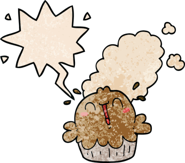 Bir insan tarafından çizilmiş eski moda konuşma baloncuklu şirin bir çizgi film pastası.