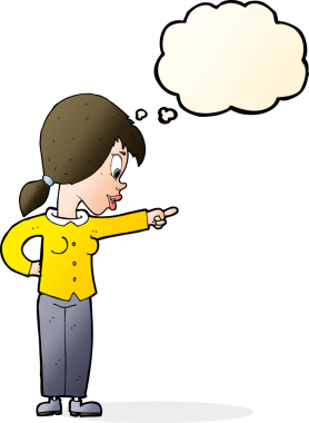 Bir insan tarafından çizilmiş düşünce balonunu işaret eden karikatürist hevesli kadın.