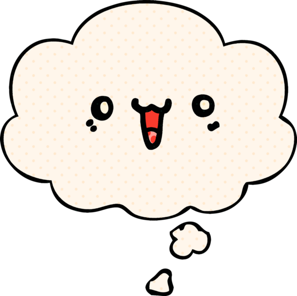 Bir insan tarafından çizilmiş, düşünce baloncuklu mutlu çizgi film yüzü.