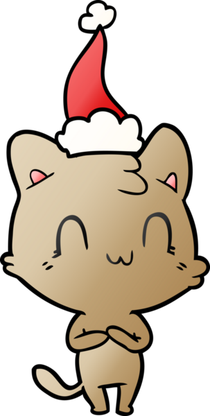 Noel Baba şapkası takan mutlu bir kedinin insan tarafından çizilmiş el çizimi karikatürü.