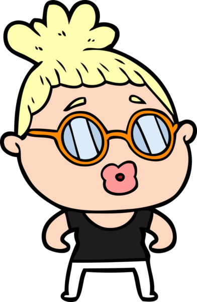 Bir insan tarafından çizilmiş gözlüklü bir karikatür kadın.