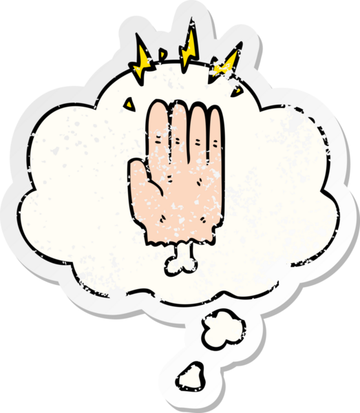 Karikatür büyüsü cadılar bayramı zombi eli. Düşünce baloncuğu insan tarafından çizilmiş yıpranmış bir çıkartma gibi.