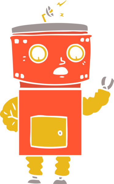 Bir insan tarafından çizilmiş düz renkli çizgi film robotu