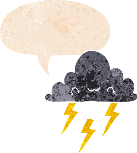 Bir insan tarafından çizilmiş grunge sıkıntılı retro desenli konuşma baloncuklu çizgi film fırtına bulutu
