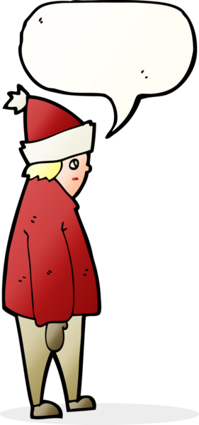 Bir insan tarafından çizilmiş konuşma baloncuğu olan kış kıyafetleri içindeki bir çizgi film insanı.