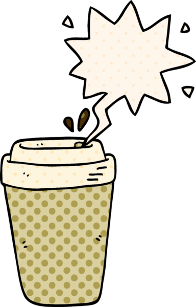 Bir insan tarafından çizilmiş çizgi roman tarzında konuşma balonlu kahve fincanı.