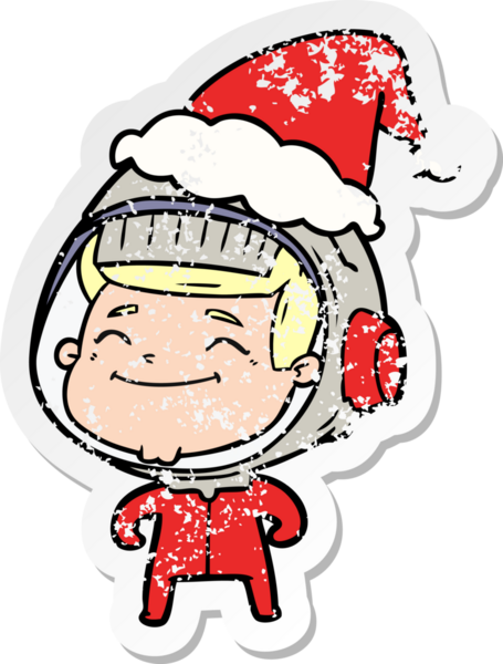 Mutlu el, bir astronotun Noel Baba şapkası giymiş bir insan tarafından çizilmiş üzgün çıkartması.