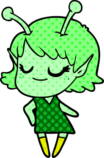 Bir insan tarafından çizilmiş gülümseyen uzaylı kız çizgi filmi.