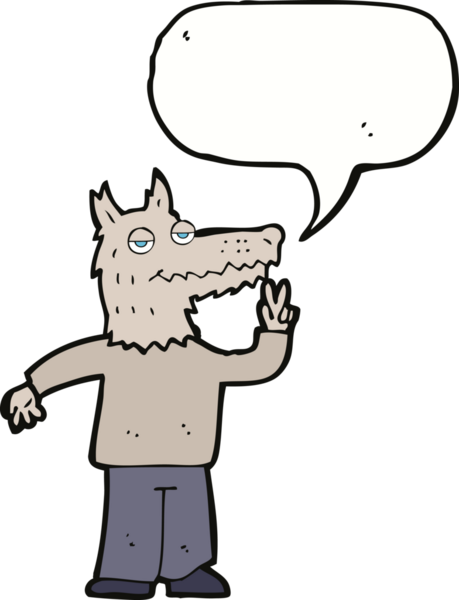 Bir insan tarafından çizilmiş konuşma balonlu mutlu kurt adam.