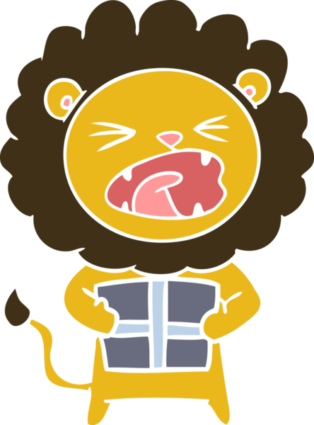 Bir insan tarafından çizilmiş noel hediyeli düz renkli çizgi film aslanı.