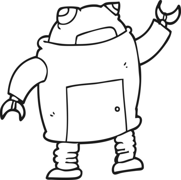 Bir insan tarafından çizilmiş siyah beyaz robot çizimi.