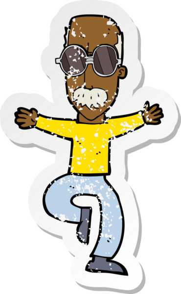 Bir insan tarafından çizilmiş büyük gözlüklü yaşlı bir adamın karikatür yapıştırması.