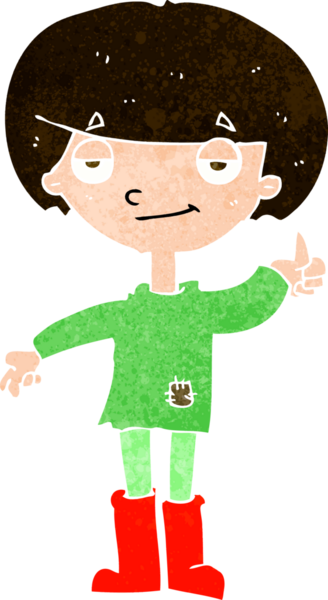 Kötü giyinmiş çizgi filmci çocuk bir insan tarafından çizilmiş baş parmak işareti veriyor.