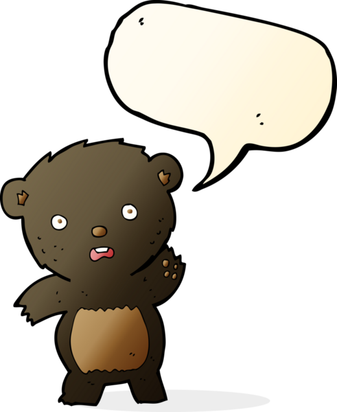 Bir insan tarafından çizilmiş konuşma balonlu siyah ayı yavrusunu sallayan çizgi film.