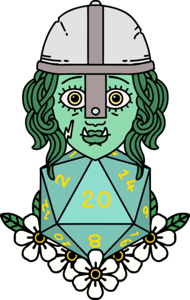 Retro Dövme Biçimi Bir insan tarafından çizilmiş 20 zarlı yarı ork savaşçı karakteri