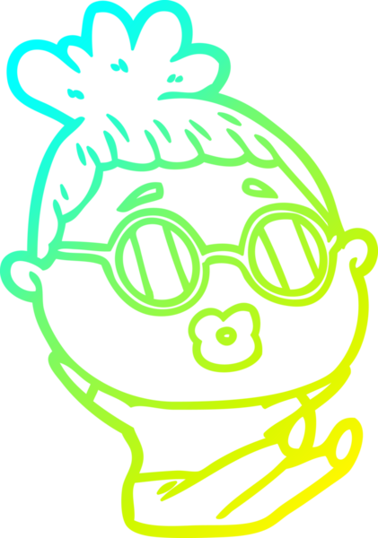 Bir insan tarafından çizilmiş gözlük takan bir kadının çizgi film çizimi.