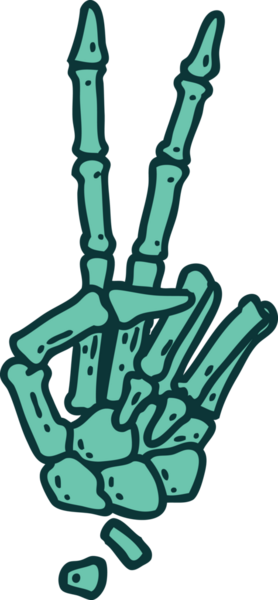 Bir insan tarafından çizilmiş barış işareti veren bir iskeletin ikonik dövme görüntüsü.