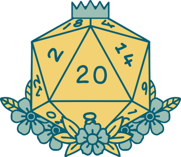 Retro Dövme Biçimi Doğal 20 D20 zar bir insan tarafından çizilmiş çiçek elementleriyle