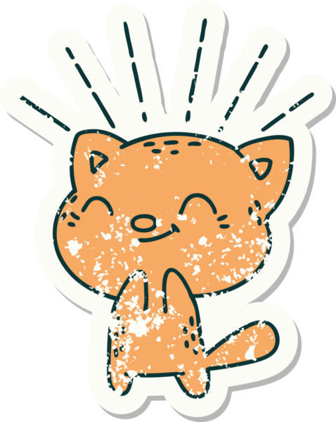 Bir insan tarafından çizilmiş eski bir dövme stili mutlu bir kedi.