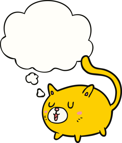 Bir insan tarafından çizilmiş düşünce balonlu mutlu kedi çizgi filmi.