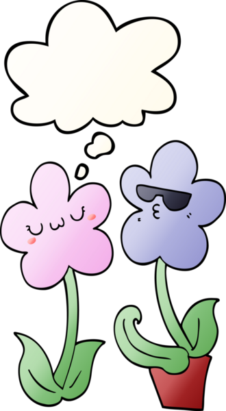 Bir insan tarafından çizilmiş yumuşak eğimli düşünce baloncuklu şirin çizgi film çiçekleri.