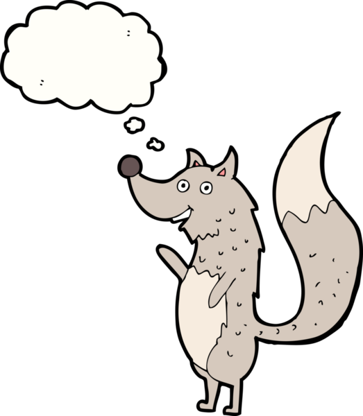 Bir insan tarafından çizilmiş düşünce balonlu bir kurt sallayan çizgi film.