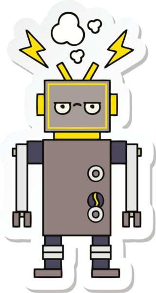 Bir insan tarafından çizilmiş arızalı sevimli bir robot karikatürü çıkartması.