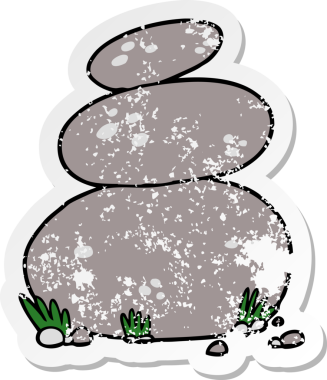 Bir insan tarafından çizilmiş büyük istiflenmiş taşlardan oluşan karikatür çıkartması.