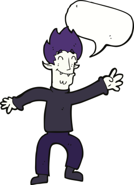 Bir insan tarafından çizilmiş konuşma balonlu mutlu vampir adam çizgi filmi.