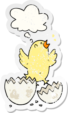 Düşünce baloncuğu ile yumurtadan çıkan çizgi film kuşu insan tarafından çizilmiş yıpranmış bir çıkartma gibi.