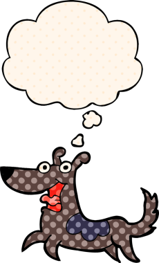 Bir insan tarafından çizilmiş, düşünce baloncuklu mutlu köpek çizgi filmi.