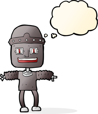 Bir insan tarafından çizilmiş düşünce baloncuklu çizgi film robotu