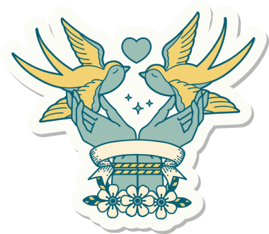 Dövme stili çıkartma. Bir insan tarafından çizilmiş elleri ve kırlangıçları var.