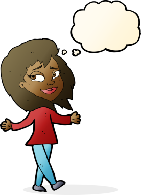 Stressiz kadın çizgi filmi. Düşünce balonu insan tarafından çizilmiş.