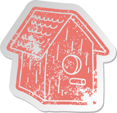 Bir insan tarafından çizilmiş ahşap kuş kafesinin sıkıntılı eski çizgi film çıkartması.