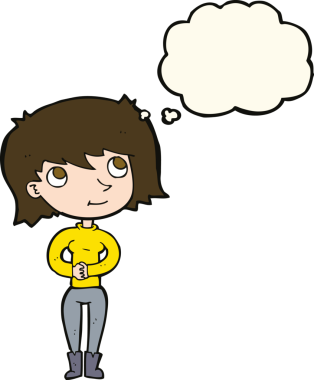 Bir insan tarafından çizilmiş düşünce baloncuğu olan çizgi film dostu kadın.