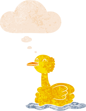 Düşünce baloncuğu ve grunge ile çizgi film ördeği bir insan tarafından çizilmiş sıkıntılı retro tarzı