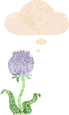 Düşünce baloncuğu olan vahşi bir çiçek, bir insan tarafından çizilmiş, eskimiş eski moda, desenli bir çizgi film.