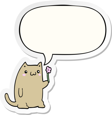 Bir insan tarafından çizilmiş baloncuk çıkartmalı, çiçekli şirin çizgi film kedisi.