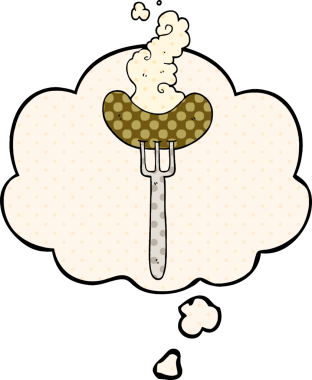 Çizgi roman tarzında bir insan tarafından çizilmiş düşünce baloncuğu olan çatal üzerinde çizgi film sosisi.