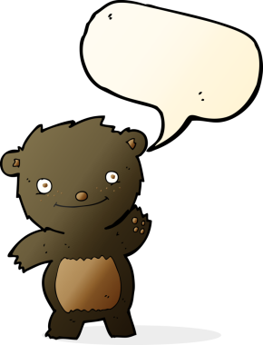 Bir insan tarafından çizilmiş konuşma balonlu siyah ayı yavrusunu sallayan çizgi film.