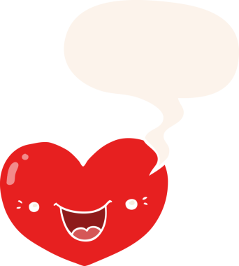 Bir insan tarafından çizilmiş eski tarz konuşma baloncuğu olan kalp karakterini seviyorum.