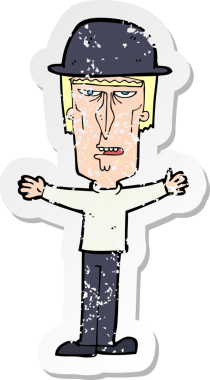 Bir insan tarafından çizilmiş melon şapka giyen bir çizgi film karakterinin gerilimli çıkartması.