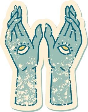 Bir insan tarafından çizilmiş gizemli ellerin sembolik dövmeli görüntüsü.