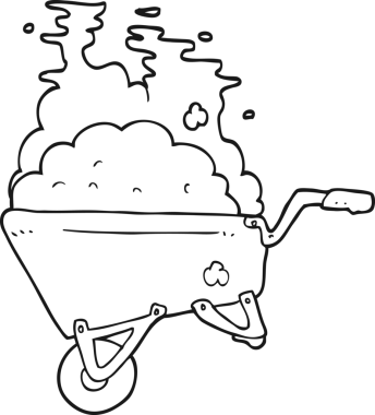 Bir insan tarafından çizilmiş toprak dolu siyah beyaz bir el arabası.