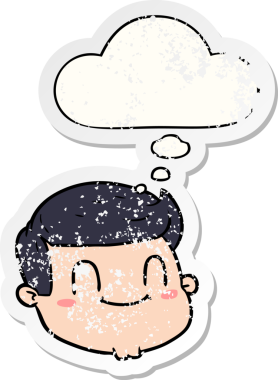 Düşünce baloncuklu karikatür erkek yüzü bir insan tarafından çizilmiş yıpranmış bir çıkartma gibi.