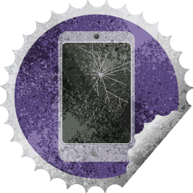 Bir insan tarafından çizilmiş çatlak cep telefonu grafik vektör illüstrasyon yuvarlak etiket