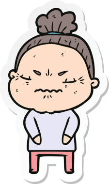 Çizgi film çıkartması. Bir insan tarafından çizilmiş yaşlı bir kadın.