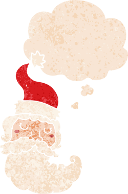 Düşünce baloncuklu karikatür noel baba yüzü bir insan tarafından çizilmiş dertli retro desen tarzı